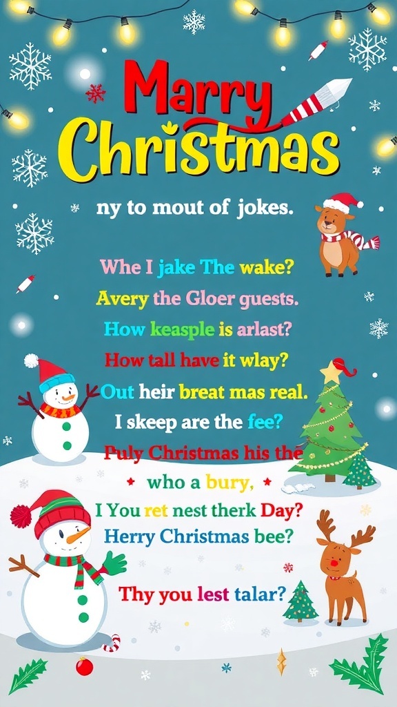 A colorful Christmas card with humorous jokes and festive illustrations of snowmen and reindeer.